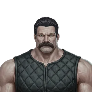 Champion face — swept-back black hair and a moustache