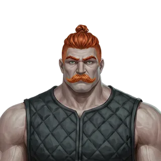Champion face — a red topknot and moustache