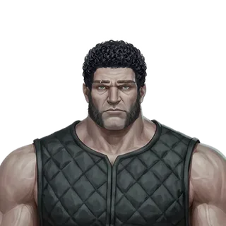 Champion face — curly black hair and stubble